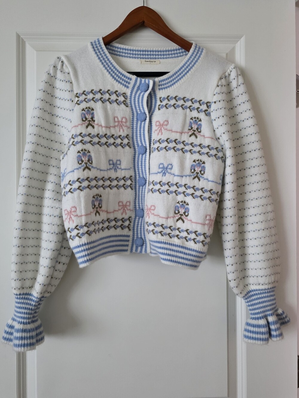 Cottage Core Coquette Ruffle Sleeve Cardigan Womens S Bows Preppy Sunday Up
